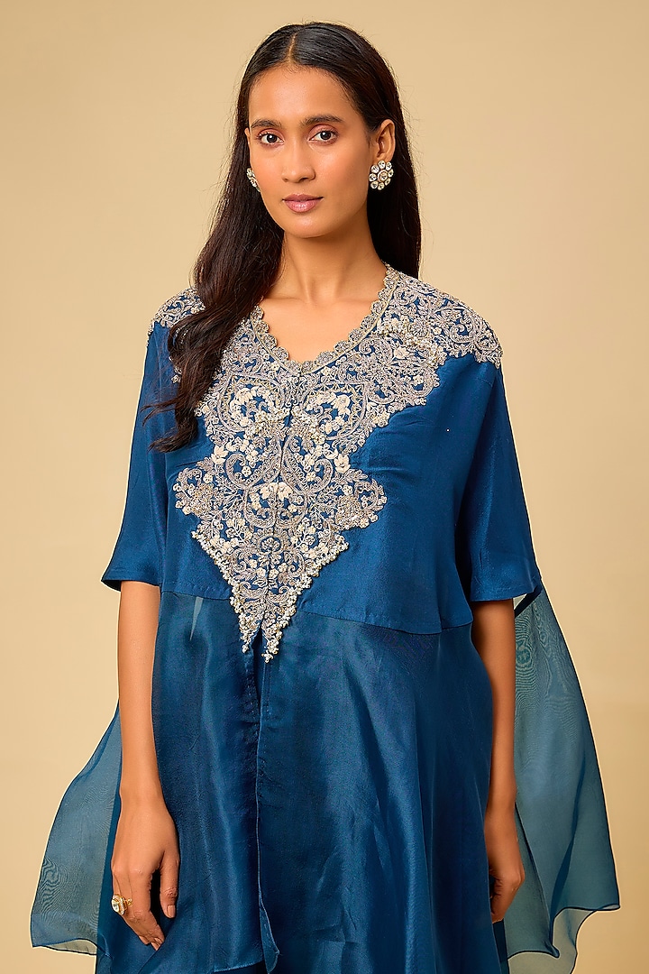 Blue Semi-Organza Silk Resham & Maal Work Kaftan Set by Prisho at Pernia's Pop Up Shop