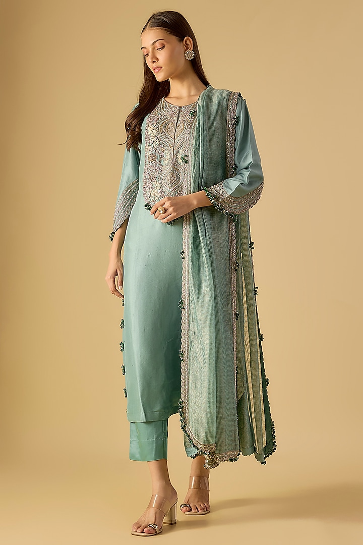 Aqua Silk Maal Work Kurta Set by Prisho at Pernia's Pop Up Shop