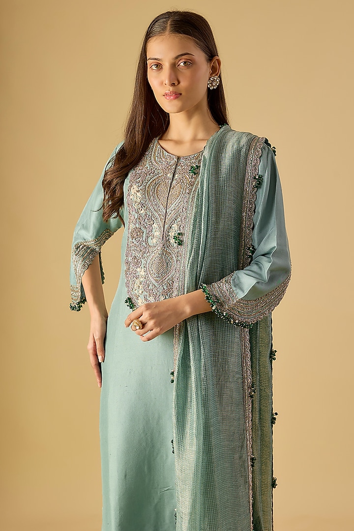 Aqua Silk Maal Work Kurta Set by Prisho at Pernia's Pop Up Shop