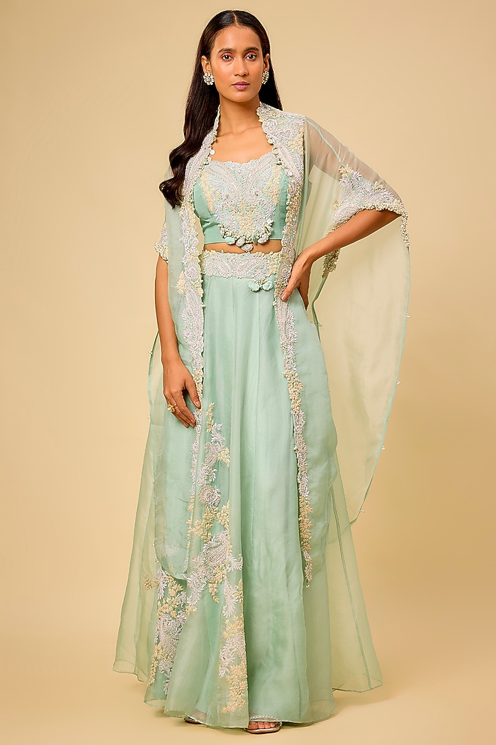Aqua Organza Resham Work Skirt Set by Prisho at Pernia's Pop Up Shop