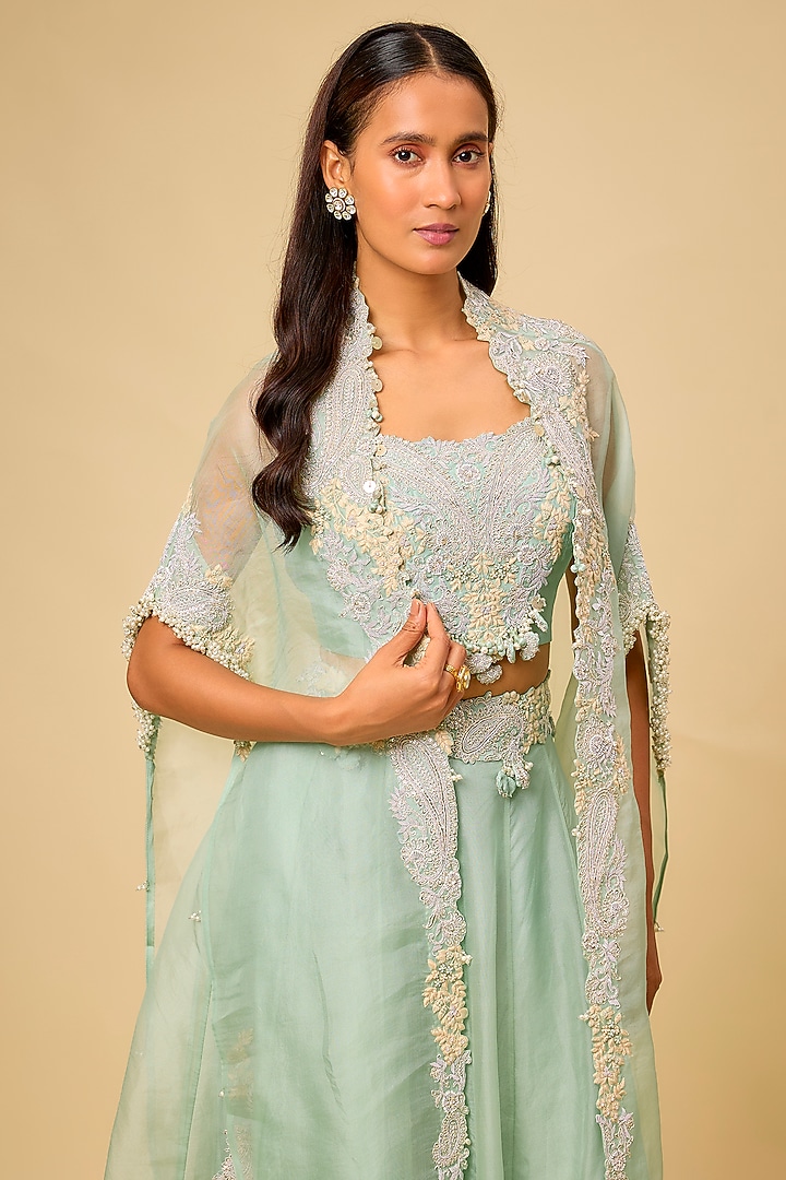 Aqua Organza Resham Work Skirt Set by Prisho at Pernia's Pop Up Shop