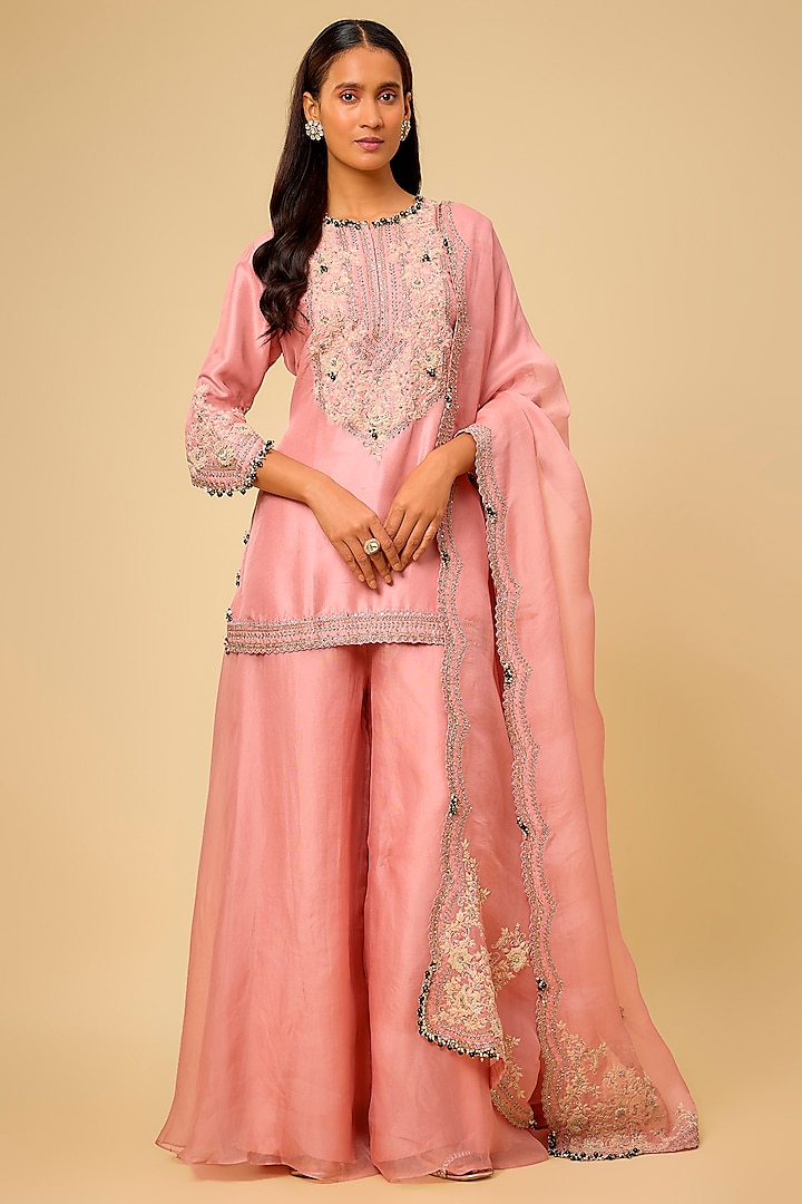 Flamingo Pink Organza Wedding Sharara Set by Prisho at Pernia's Pop Up Shop