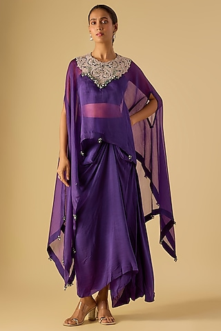 Dark Purple Organza Dori Work Kaftan Set by Prisho