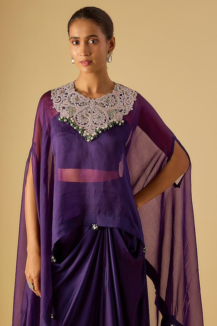 Dark Purple Organza Dori Work Kaftan Set by Prisho at Pernia's Pop Up Shop