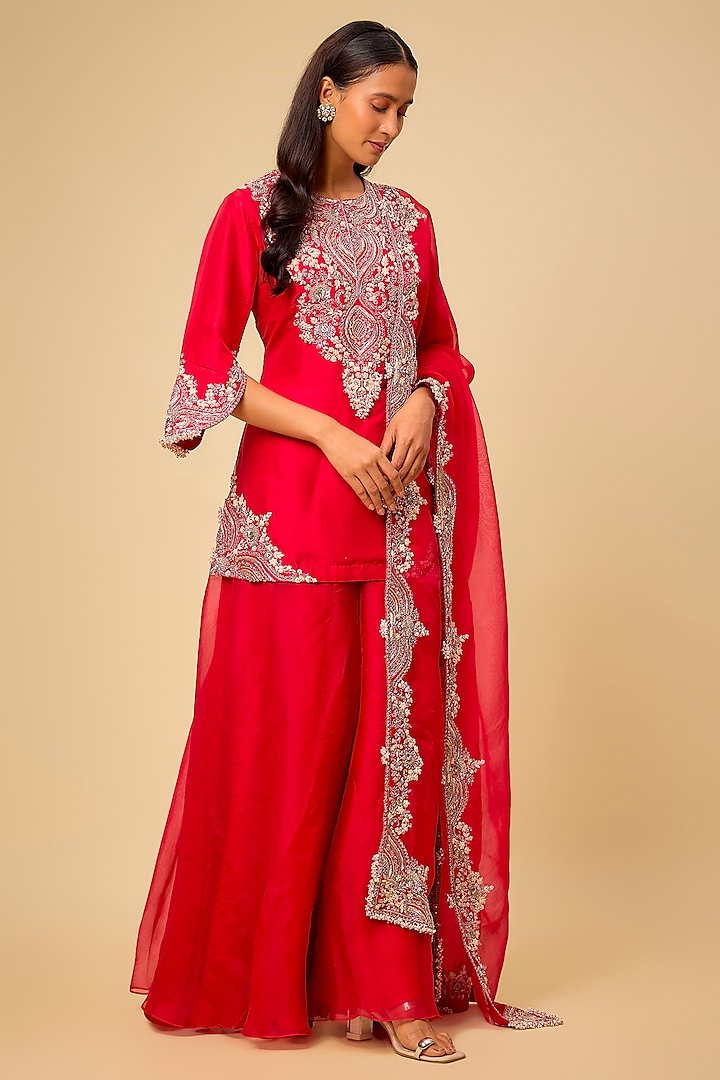 Red Organza Wedding Sharara Set by Prisho at Pernia's Pop Up Shop