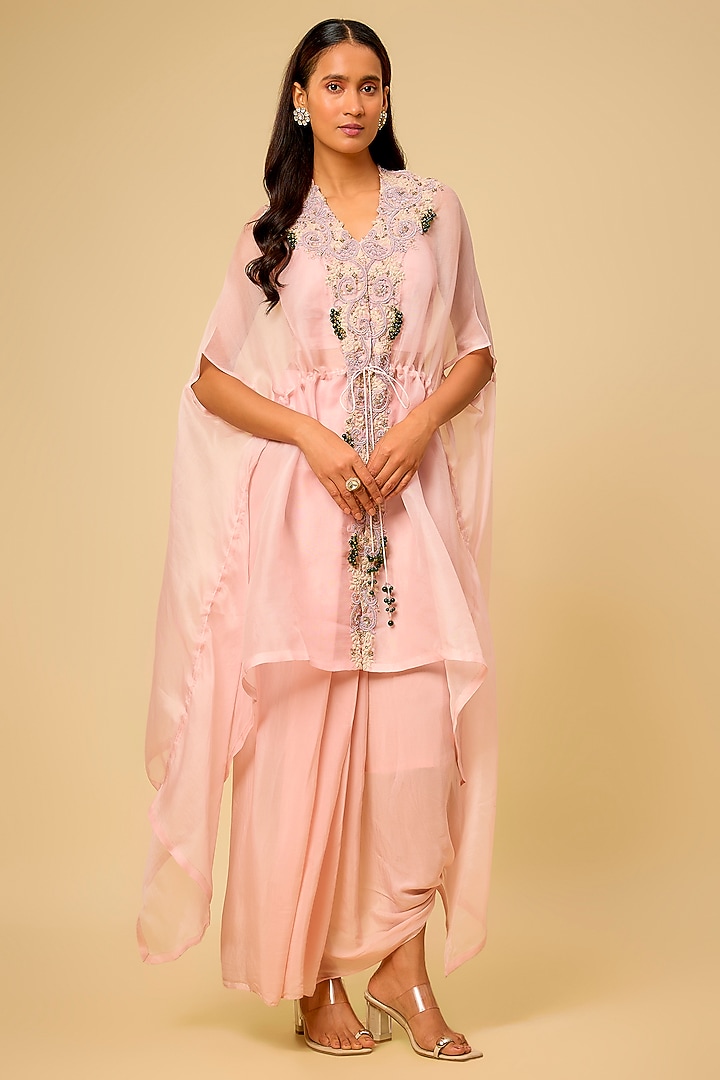Flamingo Pink Organza Dori Work Kaftan Set by Prisho at Pernia's Pop Up Shop