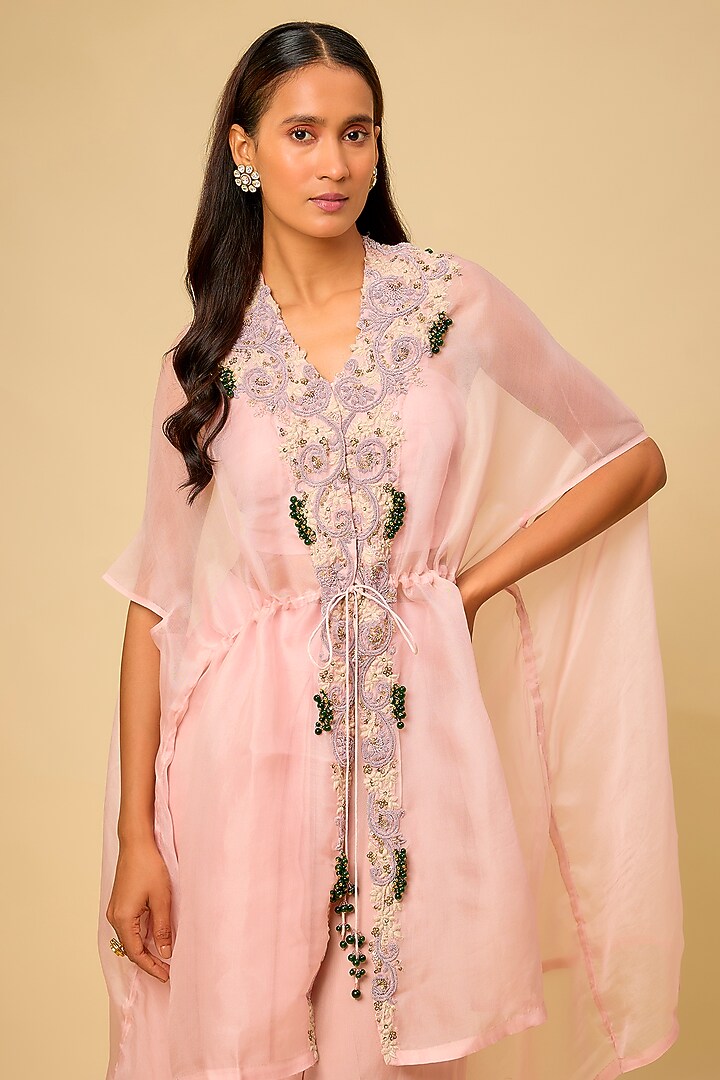 Flamingo Pink Organza Dori Work Kaftan Set by Prisho at Pernia's Pop Up Shop
