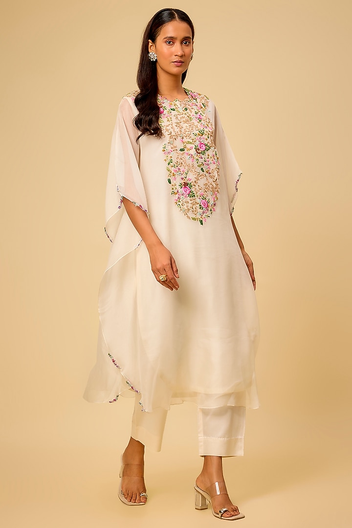 Ivory Organza Thread Work Kaftan Set by Prisho at Pernia's Pop Up Shop