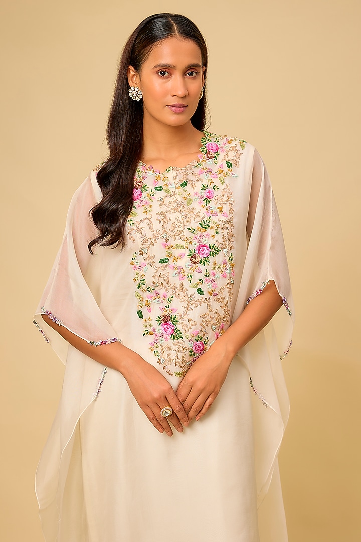 Ivory Organza Thread Work Kaftan Set by Prisho at Pernia's Pop Up Shop