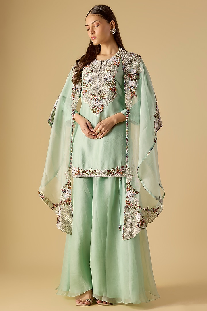 Aqua Silk Thread Work Jacket Kurta Set by Prisho at Pernia's Pop Up Shop