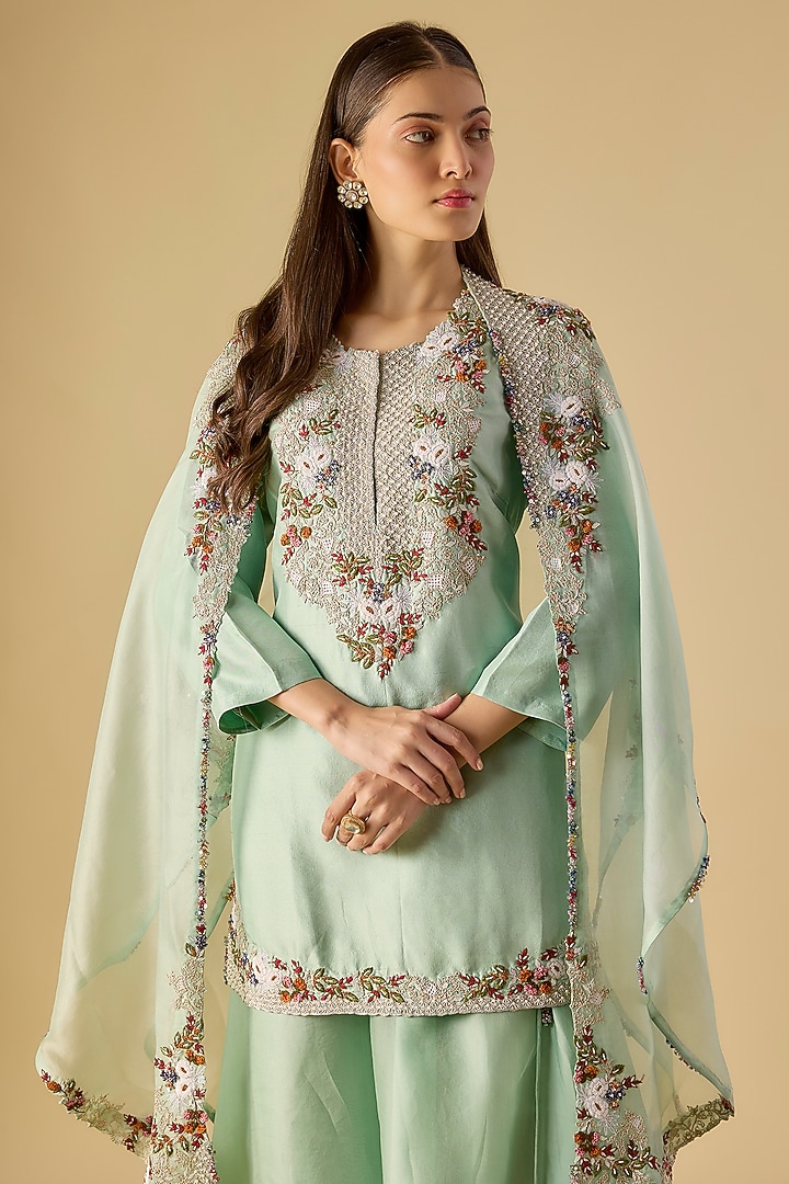 Aqua Silk Thread Work Jacket Kurta Set by Prisho at Pernia's Pop Up Shop