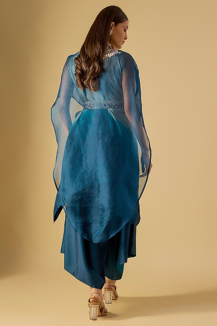 Blue Organza Thread Work Jacket Kurta Set by Prisho at Pernia's Pop Up Shop