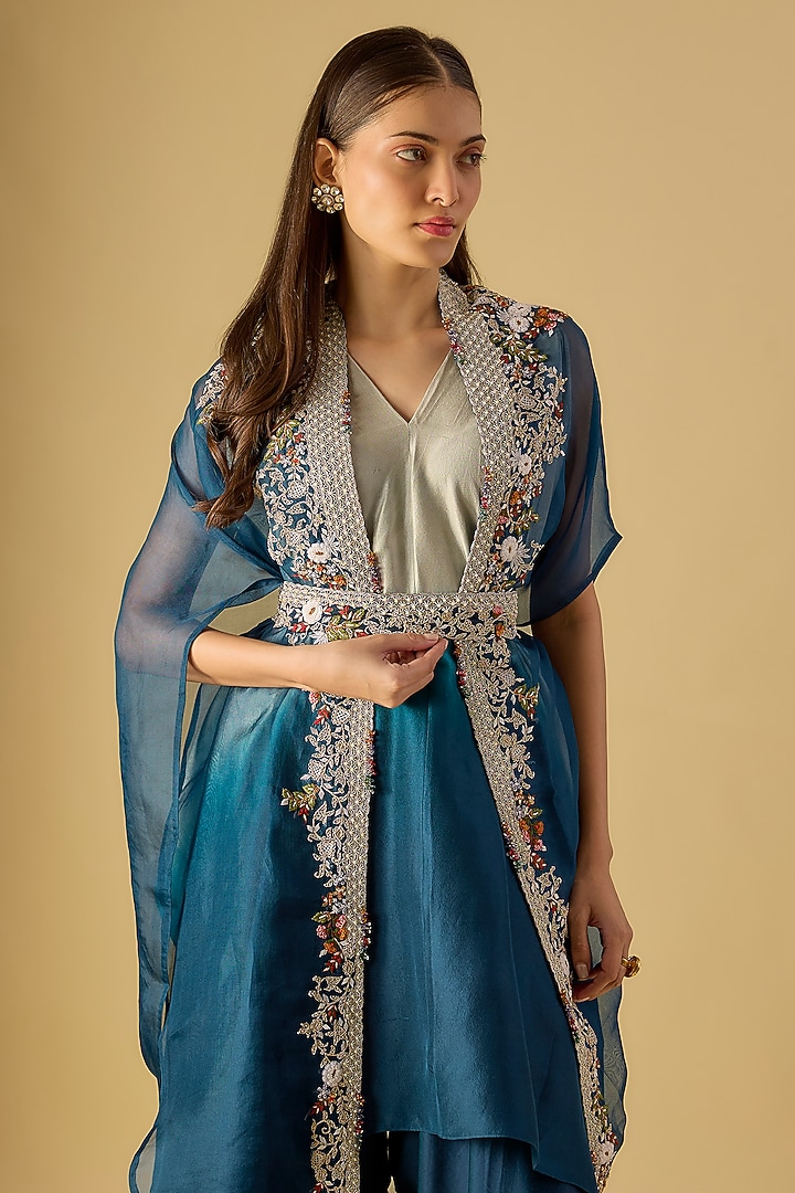 Blue Organza Thread Work Jacket Kurta Set by Prisho at Pernia's Pop Up Shop