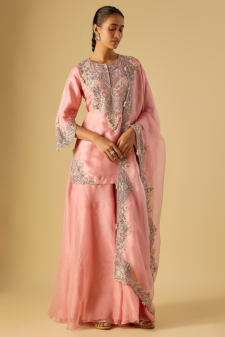Dark Flamingo Pink Organza Wedding Sharara Set by Prisho at Pernia's Pop Up Shop