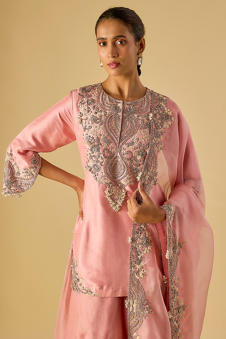 Dark Flamingo Pink Organza Wedding Sharara Set by Prisho at Pernia's Pop Up Shop
