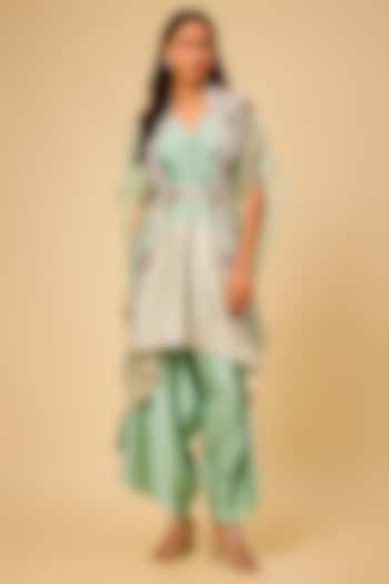 Aqua Organza Thread Work Jacket Kurta Set by Prisho at Pernia's Pop Up Shop
