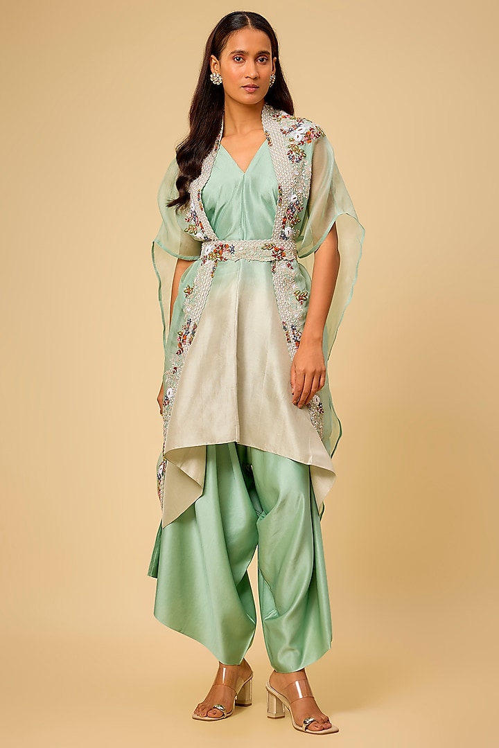 Aqua Organza Thread Work Jacket Kurta Set by Prisho at Pernia's Pop Up Shop