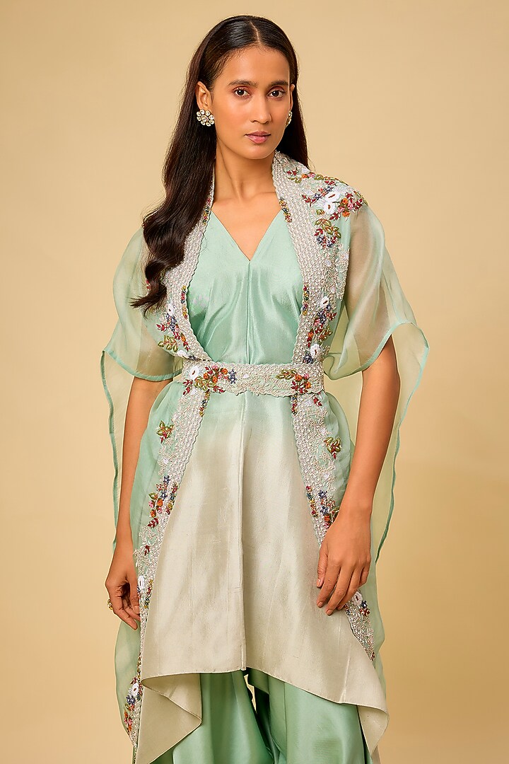 Aqua Organza Thread Work Jacket Kurta Set by Prisho at Pernia's Pop Up Shop