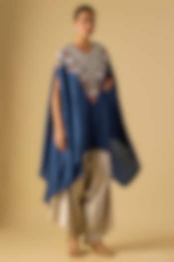 Blue Crushed Silk Thread Work Kaftan Set by Prisho at Pernia's Pop Up Shop