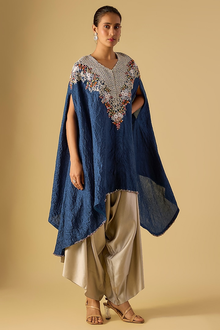 Blue Crushed Silk Thread Work Kaftan Set by Prisho at Pernia's Pop Up Shop