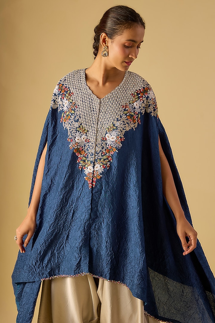 Blue Crushed Silk Thread Work Kaftan Set by Prisho at Pernia's Pop Up Shop
