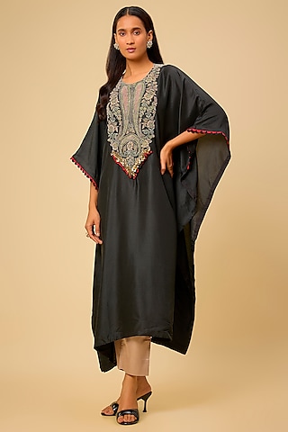 Black Silk Dori Work Kaftan Set by Prisho
