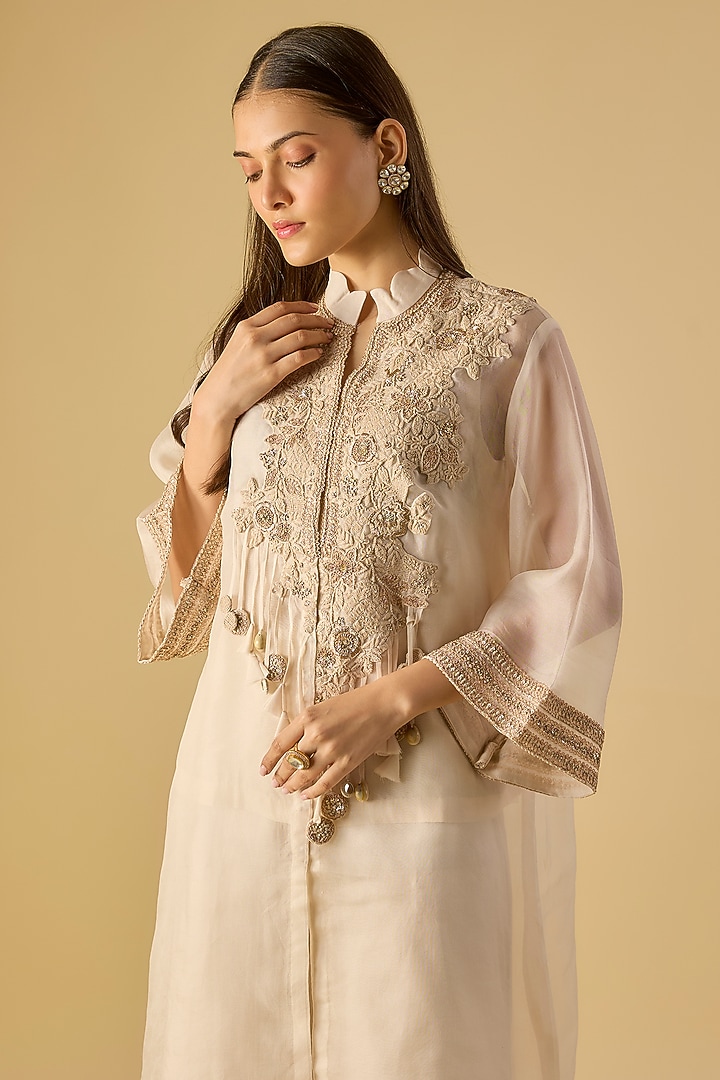 Ivory Organza Resham Work Jacket Set by Prisho at Pernia's Pop Up Shop