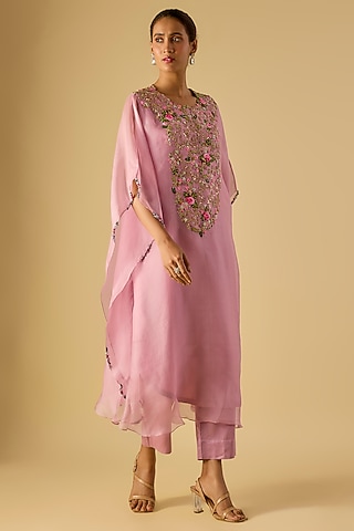 Lavender Organza Thread Work Kaftan Set by Prisho