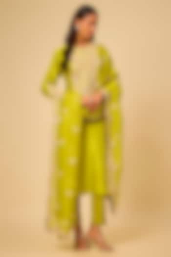 Lime Green Silk Resham Work Kurta Set by Prisho at Pernia's Pop Up Shop