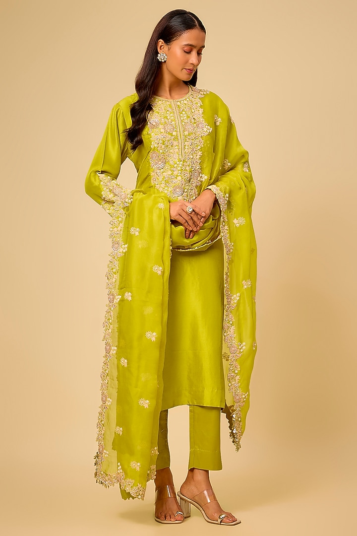 Lime Green Silk Resham Work Kurta Set by Prisho at Pernia's Pop Up Shop