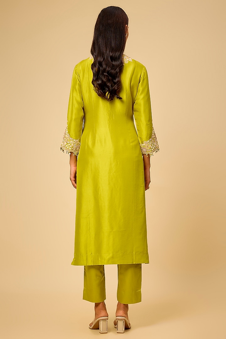 Lime Green Silk Resham Work Kurta Set by Prisho at Pernia's Pop Up Shop