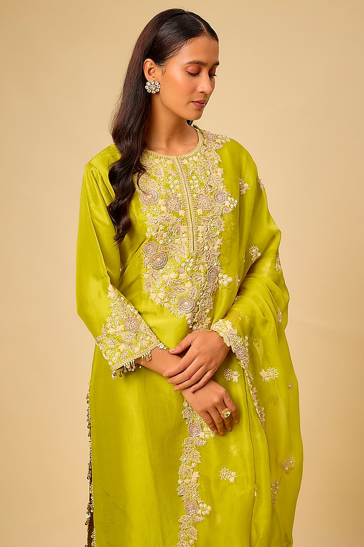 Lime Green Silk Resham Work Kurta Set by Prisho at Pernia's Pop Up Shop