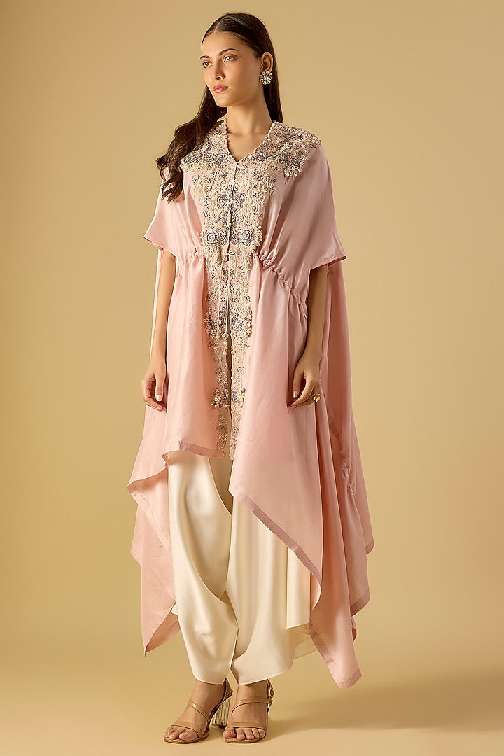 Dark Flamingo Pink Silk Resham Work Kaftan Set by Prisho at Pernia's Pop Up Shop