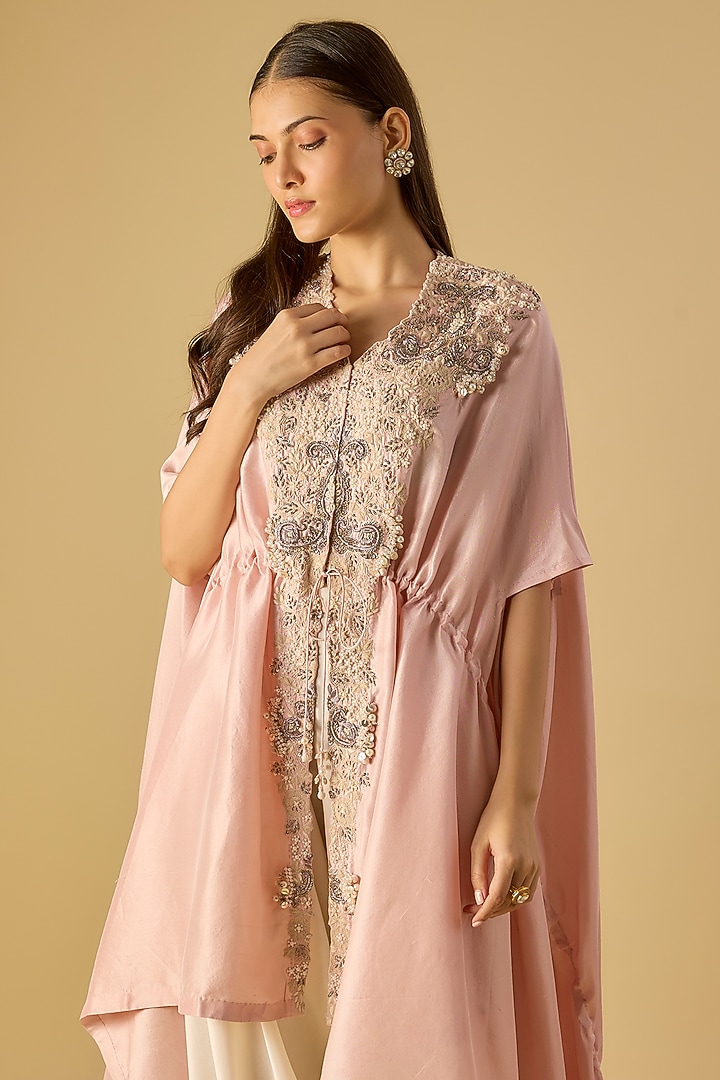 Dark Flamingo Pink Silk Resham Work Kaftan Set by Prisho at Pernia's Pop Up Shop