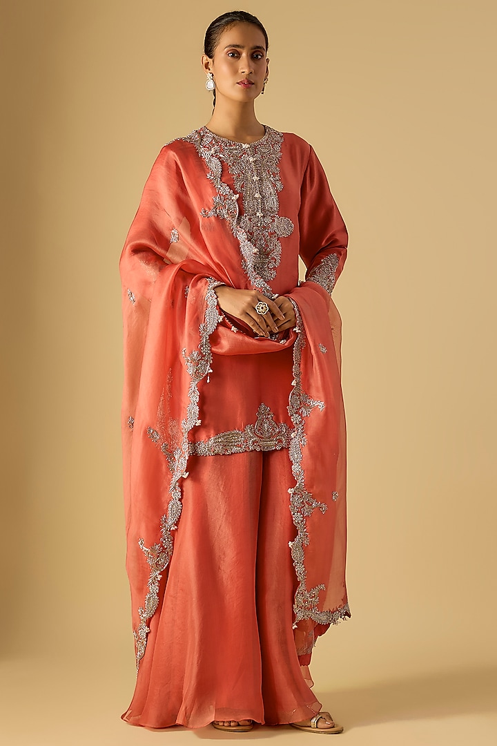 Deep Orange Organza Wedding Sharara Set by Prisho at Pernia's Pop Up Shop