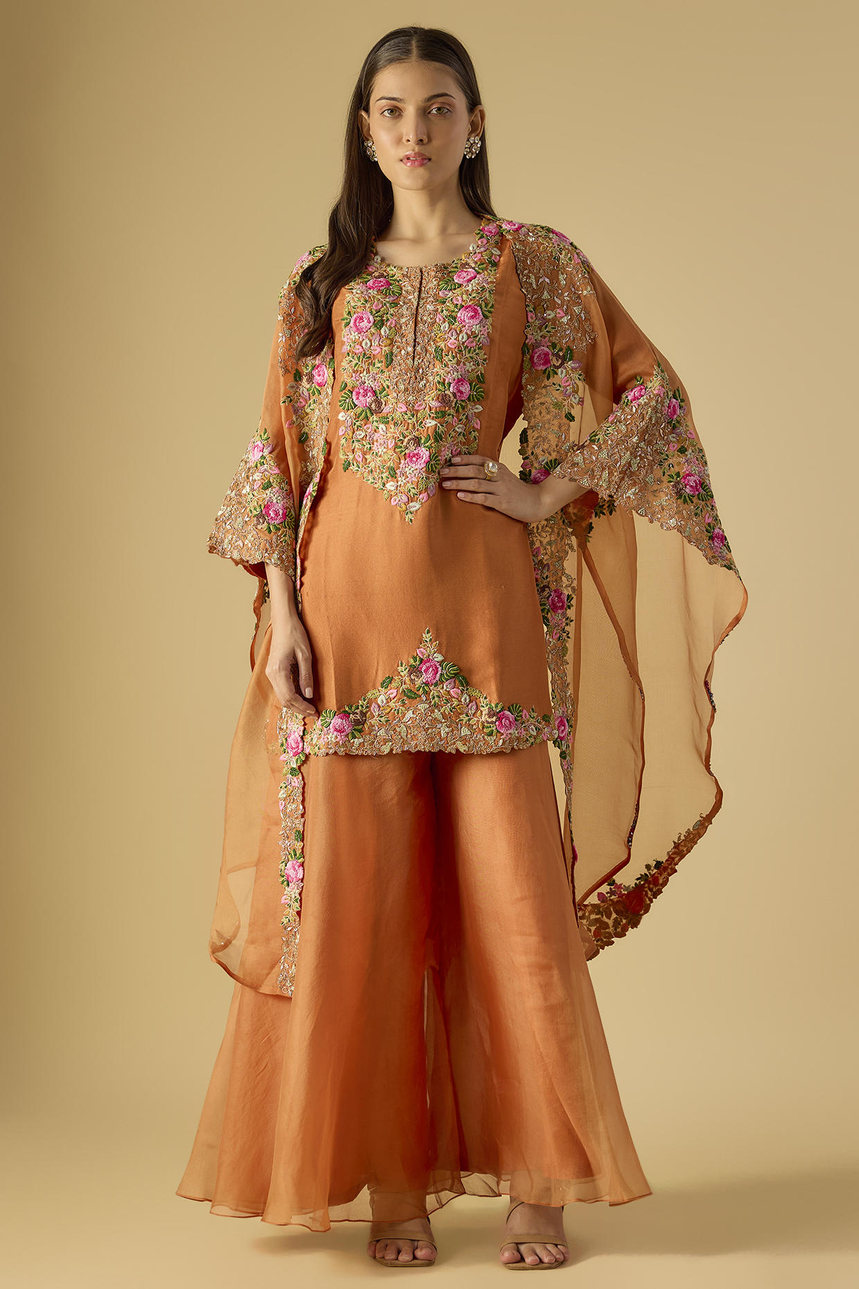 Rust Silk Thread Work Jacket Kurta Set by Prisho at Pernia's Pop Up Shop