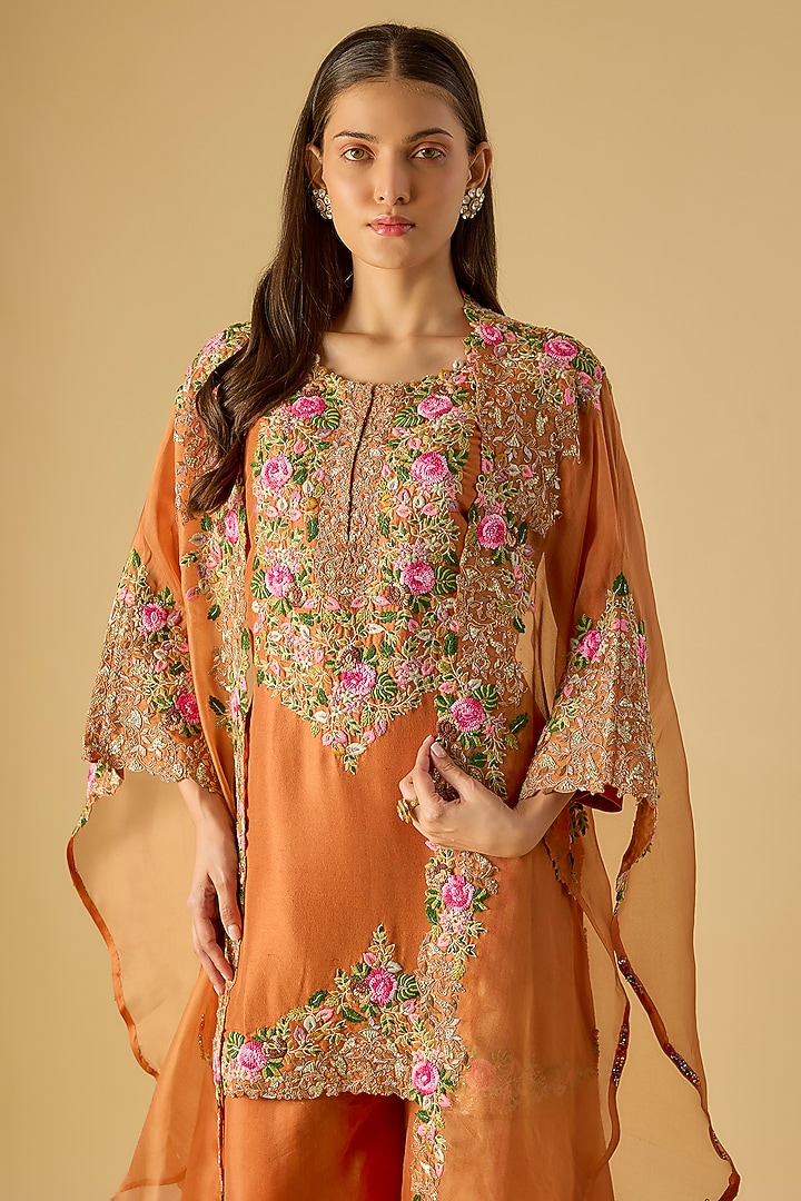 Rust Silk Thread Work Jacket Kurta Set by Prisho at Pernia's Pop Up Shop