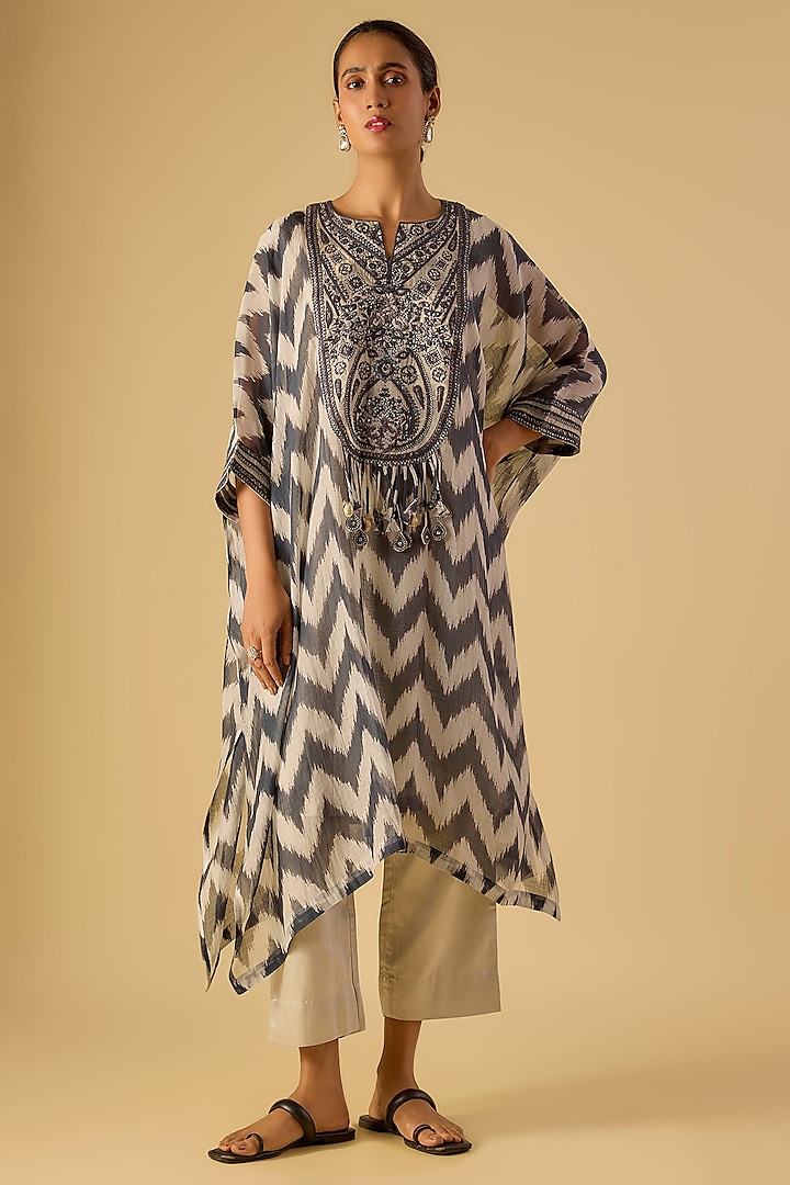Smoke Colored Chanderi Printed Kaftan Set by Prisho at Pernia's Pop Up Shop