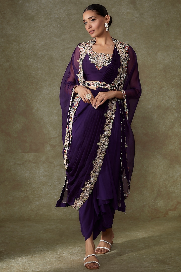 Purple Crepe Embroidered Cape Set by Prisho at Pernia's Pop Up Shop