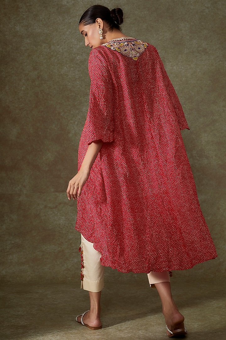 Red Bandhej Embroidered Kaftan Set by Prisho at Pernia's Pop Up Shop