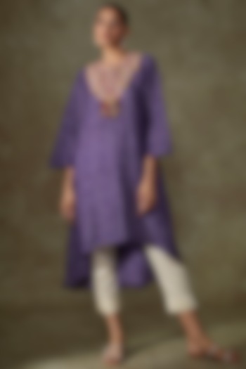 Purple Bandhej Embroidered Kaftan Set by Prisho at Pernia's Pop Up Shop