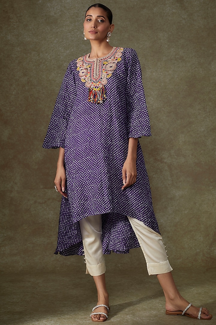 Purple Bandhej Embroidered Kaftan Set by Prisho at Pernia's Pop Up Shop