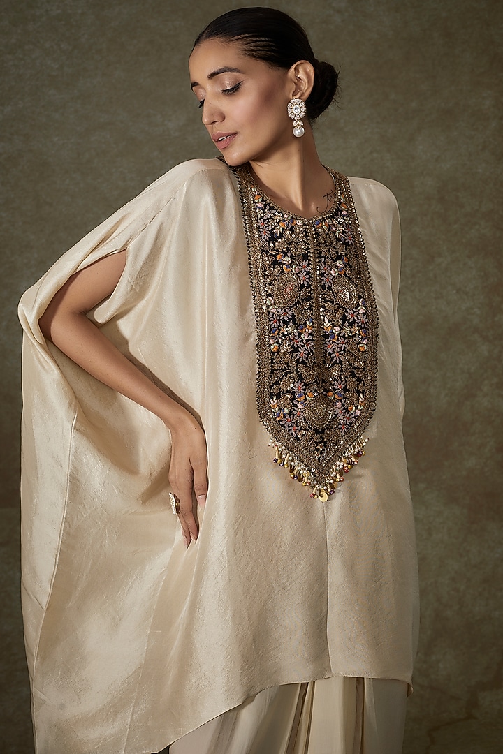 Ivory Silk Embroidered Kaftan Set by Prisho at Pernia's Pop Up Shop