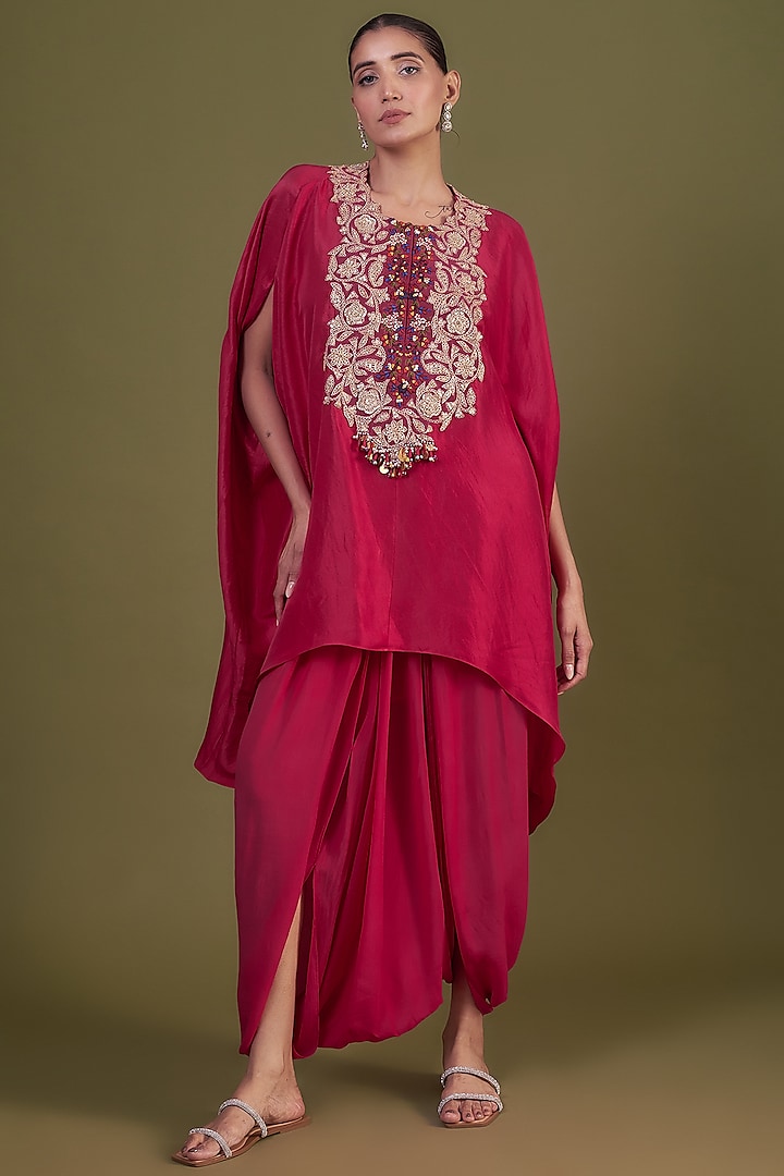 Red Silk Embroidered Kaftan Set by Prisho at Pernia's Pop Up Shop
