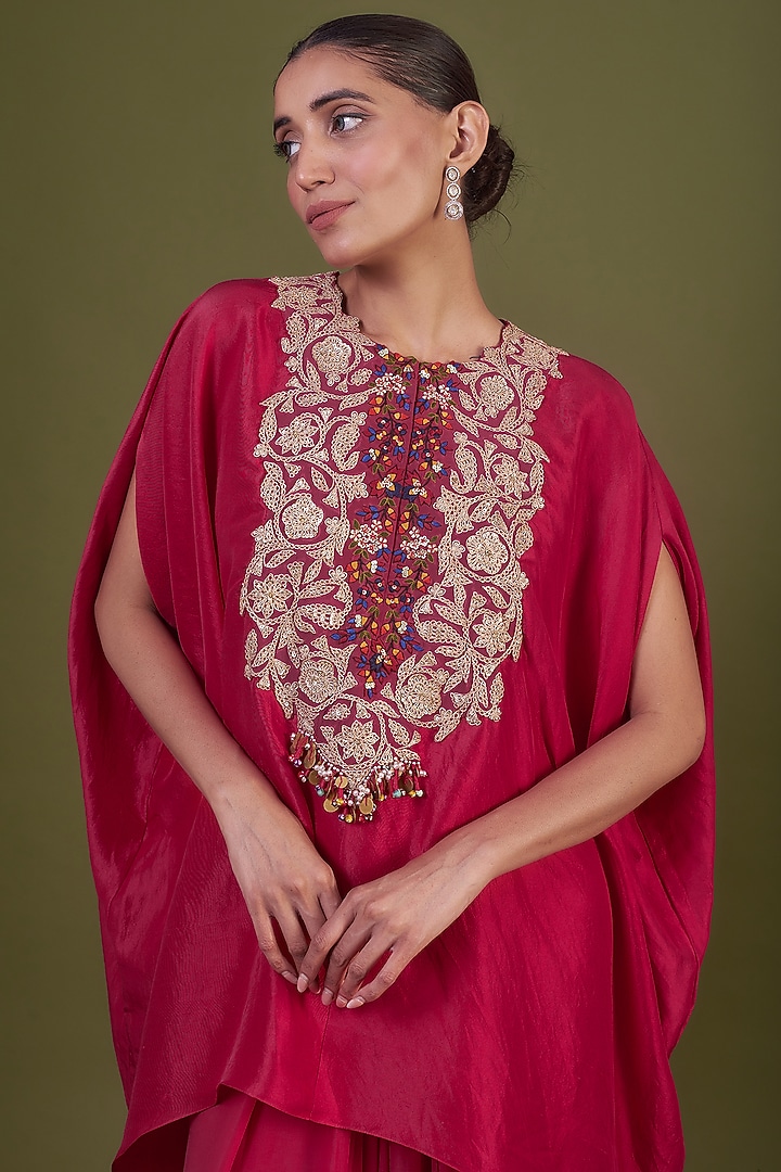 Red Silk Embroidered Kaftan Set by Prisho at Pernia's Pop Up Shop