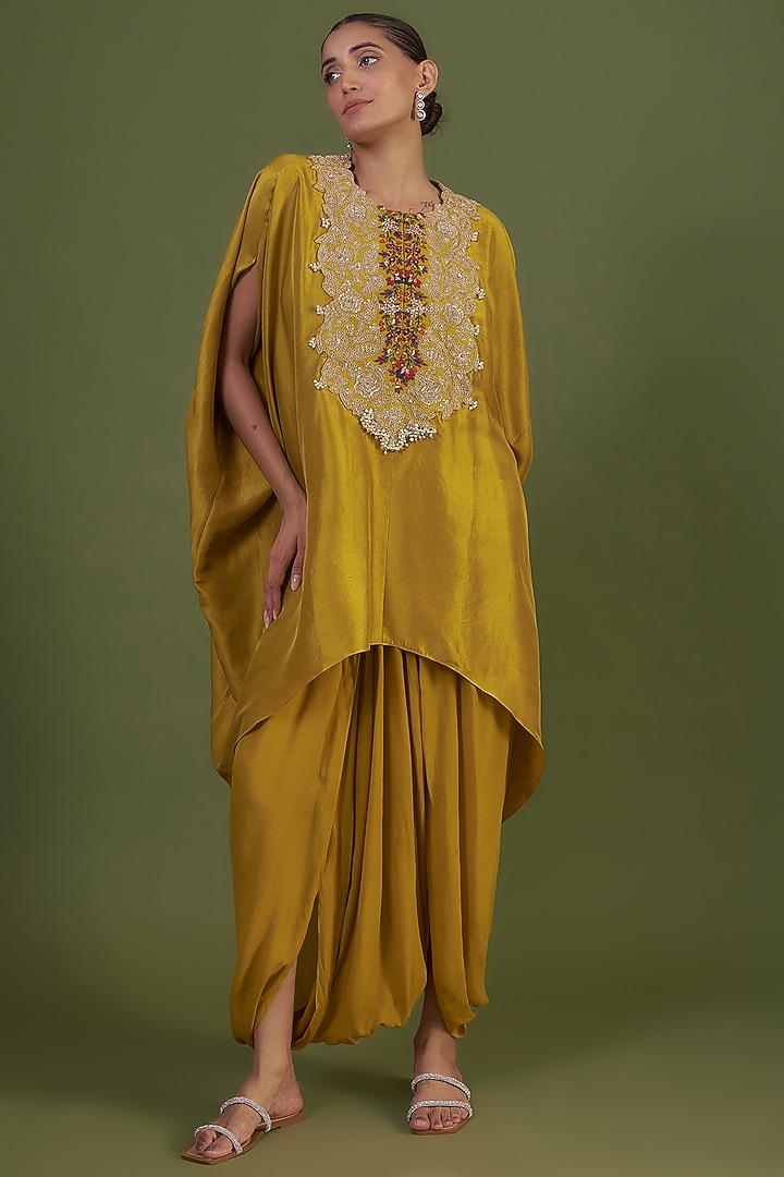 Yellow Silk Embroidered Kaftan Set by Prisho at Pernia's Pop Up Shop