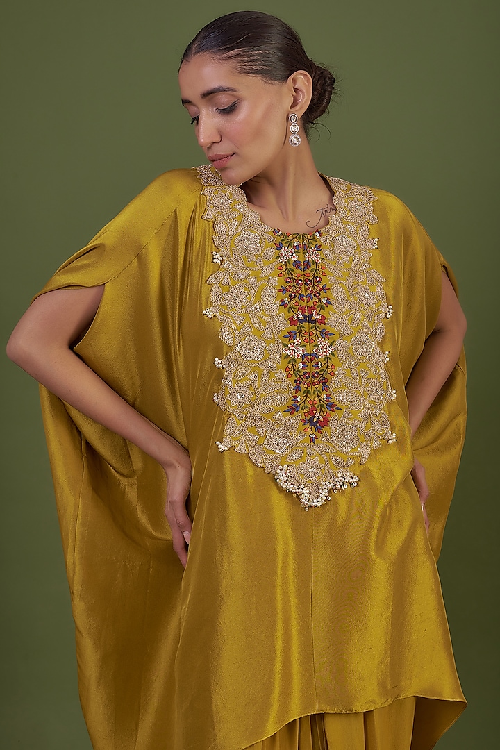 Yellow Silk Embroidered Kaftan Set by Prisho at Pernia's Pop Up Shop