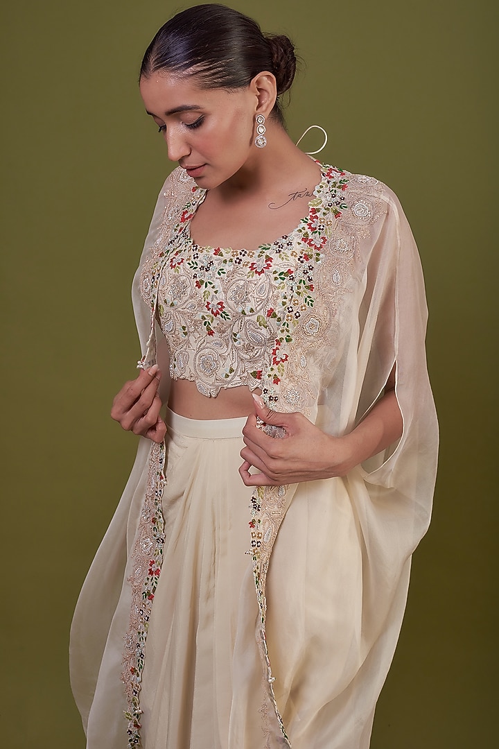 Ivory Organza Embroidered Cape Set by Prisho at Pernia's Pop Up Shop