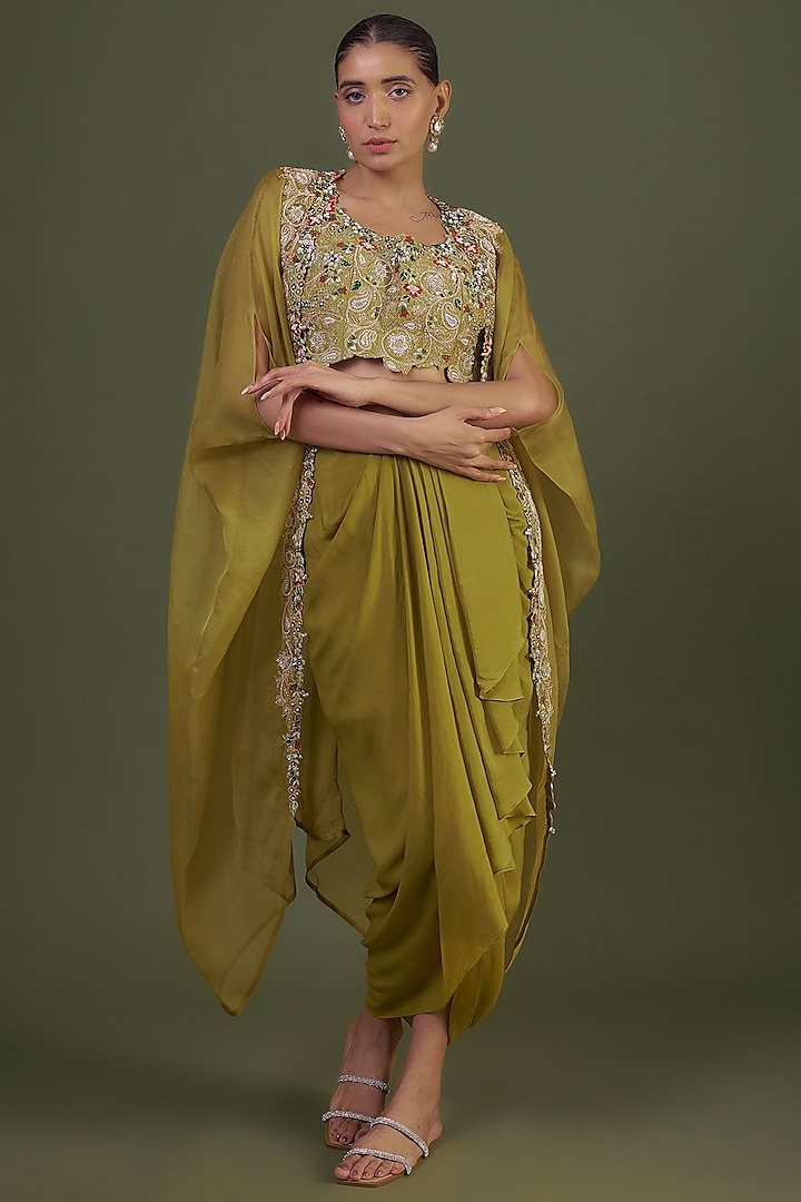 Green Organza Embroidered Cape Set by Prisho at Pernia's Pop Up Shop