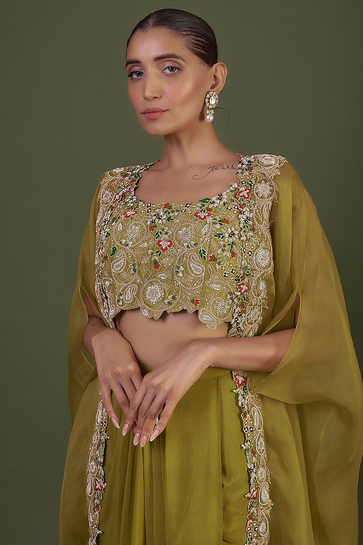 Green Organza Embroidered Cape Set by Prisho at Pernia's Pop Up Shop